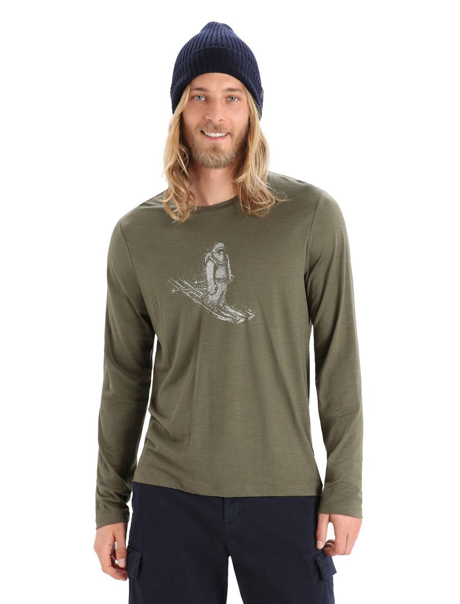 Icebreaker Merino Tech Lite II T-Shirt Skiing Yeti Férfi Long Sleeve Olivazöld | HU 1226SGLO